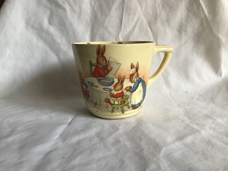 Royal Doulton Bunnykins signed casino tea cup Family at breakfast & Cycling